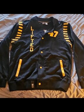 LRG - Black Jacket with Yellow and Purple *LIFTED* FIRST CLASS Globe Embroidery
